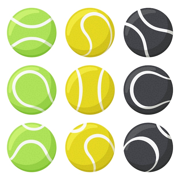 Palline da tennis. sport, attrezzature per il fitness, palline da tennis nere, gialle e verdi in varie angolazioni impostate