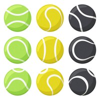 Tennis balls. sport, fitness equipment, black, yellow and green tennis balls in various angles set