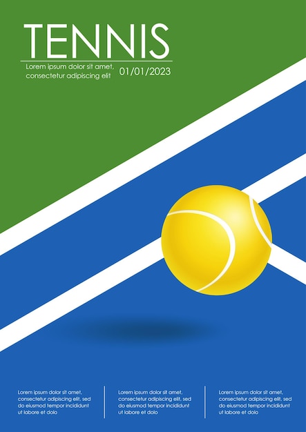 Tennis championship and tournament poster Blue tennis court Illustration for sports competition championship Ball on line Tennis court and ball Sports equipment Vertical illustration for cover