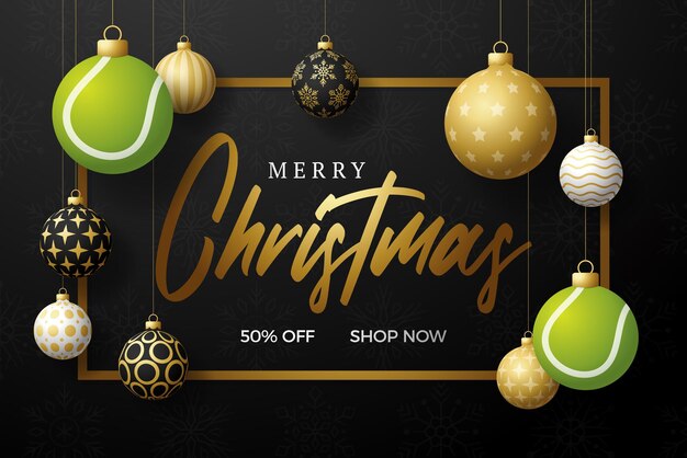 Tennis Christmas card. Merry Christmas sport greeting card. Hang on a thread Tennis ball as a xmas ball and golden bauble on black horizontal background. Sport Vector illustration.