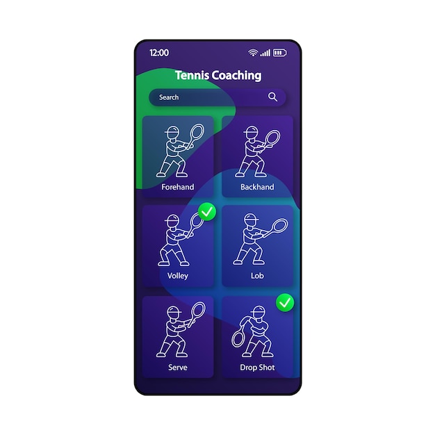 Векторный шаблон интерфейса смартфона для тренера по теннису