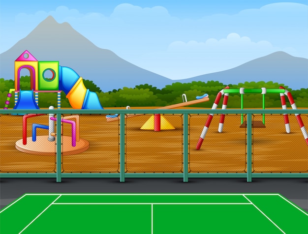 Campo da tennis con sfondo giochi per bambini
