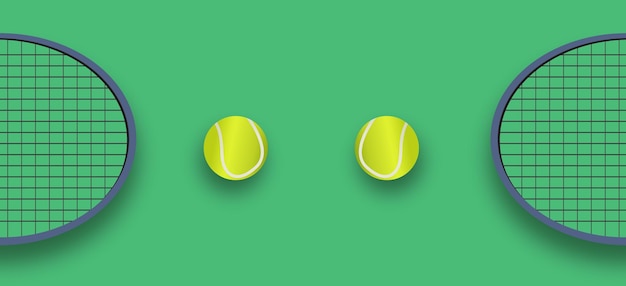 Tennis Court with Tennis Balls and Rackets