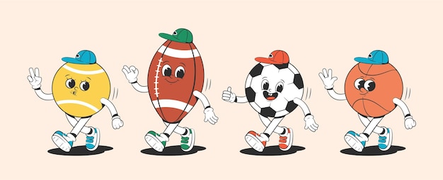 Vector tennis football basketball and rugby balls in groovy style characters from the 30s