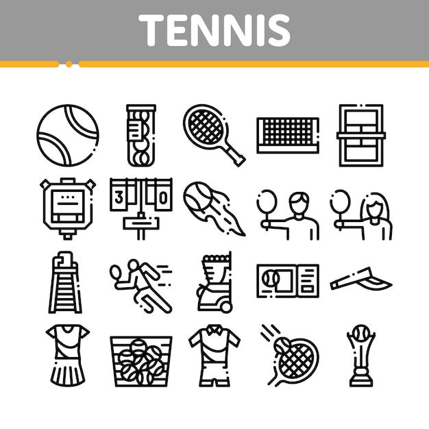 Tennis Game Equipment Collection Icons Set