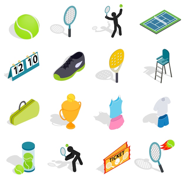 Tennis icons set in isometric 3d style. tennis attributes set collection vector illustration