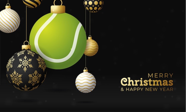 Tennis kerstkaart. merry christmas sport wenskaart. hang op een draad tennisbal als een kerstbal en gouden kerstbal op zwarte horizontale achtergrond. sport vectorillustratie.