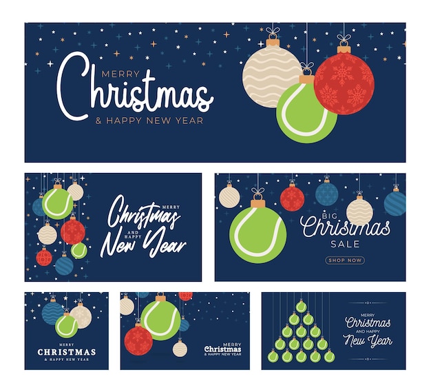 Tennis kerstkaarten set. Merry Christmas sport platte wenskaart. Hang aan een draadtennisbal als een kerstbal en een kleurbal op een blauwe achtergrond. Sport Vector illustratie collectie.