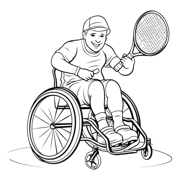 Теннисист в инвалидной коляске Черно-белая мультфильмная иллюстрация