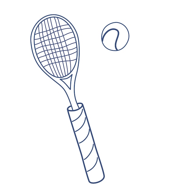 테니스 라켓과 공 배드민턴이나 탁구 라켓 스포츠 장비 라인 아트 벡터 손으로 그리는 낙서 그림 흰색 배경에 고립
