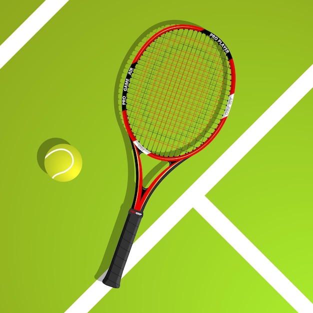 A tennis racket and a ball on a green surface.