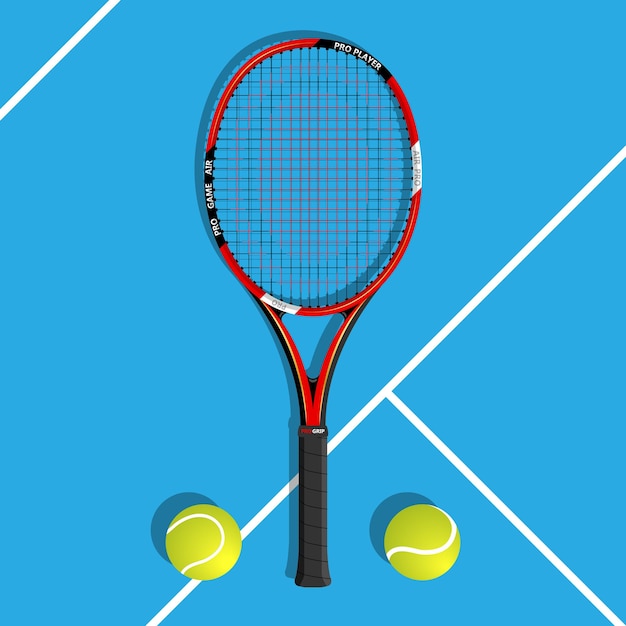 a tennis racket and balls on a blue tennis court