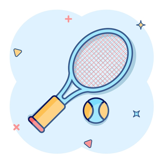 Tennis racket icon in comic style Gaming racquet cartoon vector illustration on isolated background Sport activity splash effect sign business concept