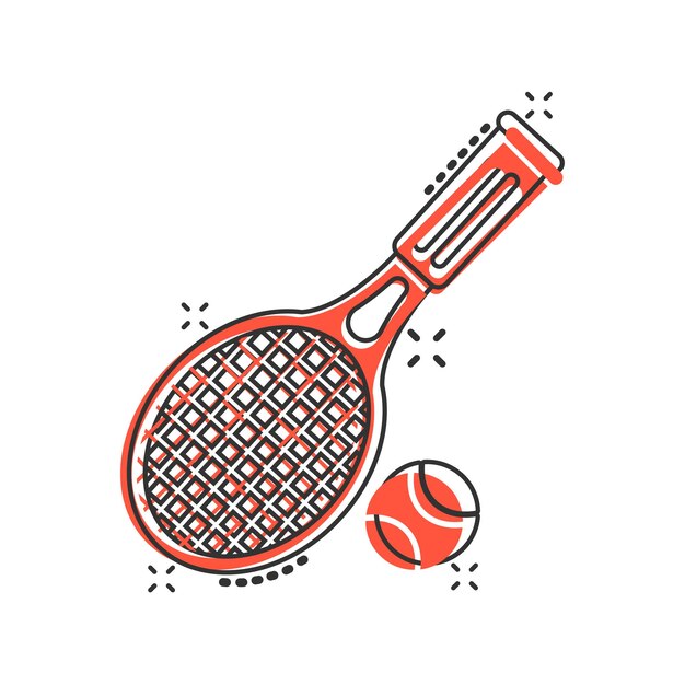 ベクトル テニス ラケット アイコン コミック スタイル ゲーム ラケット漫画ベクトル イラスト分離背景スポーツ活動スプラッシュ効果記号ビジネス コンセプト