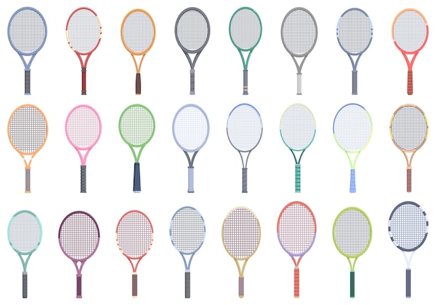 Tennis racket icone set cartone animato vettore sport hobby court gioco