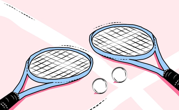 Tennis racket lying on the court with some balls illustration