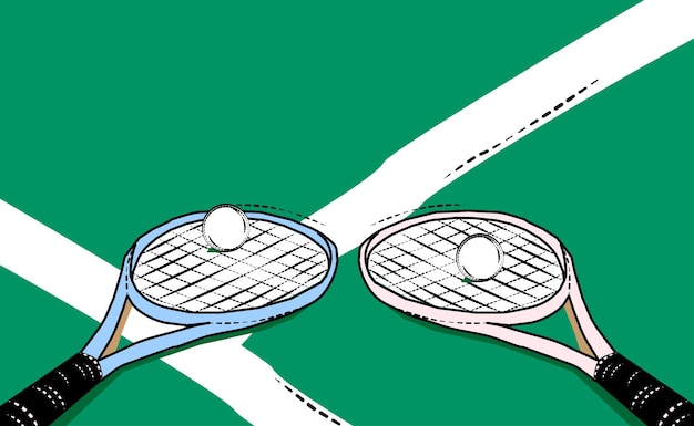 Теннисная ракетка лежит на корте с иллюстрацией мячей
