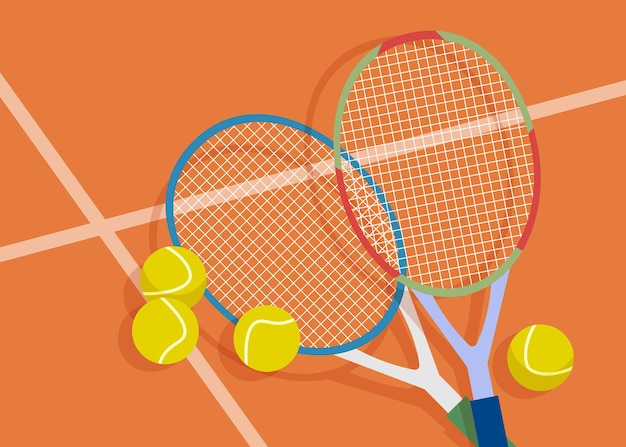tennis rackets with balls on the field vector illustration