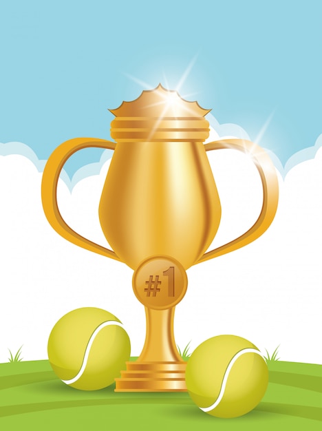 Tennis sport balls with trophy cup