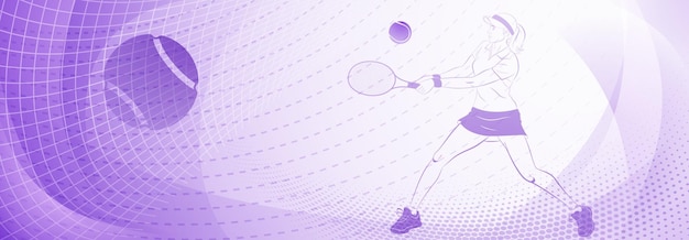 Tennis-thema achtergrond in paarse tinten met abstracte lijnen bochten en punten met een vrouwelijke tennisspeler in actie die een racket zwaait om de bal weg te slaan