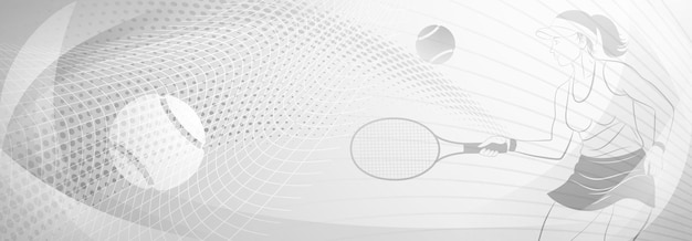 テニスをテーマにした灰色の背景で抽象的な線曲線点が描かれ女性テニスプレーヤーがラケットを振ってボールを打つ