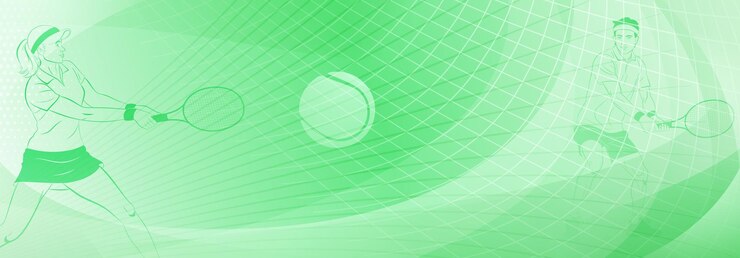 Tennis themed background in green tones with abstract curves lines and dots with two tennis players a woman and a man each holding a racket to hit the ball
