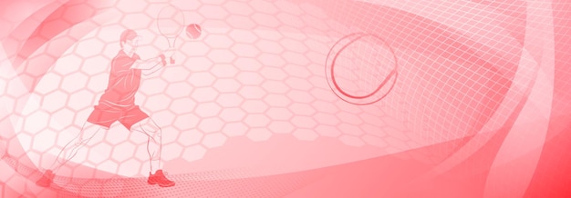 Tennis themed background in red tones with abstract lines curves and dots with a male tennis player in action swinging a racket to hit the ball away