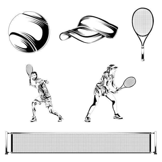 Vector tennisapparatuur en speler set stock vector