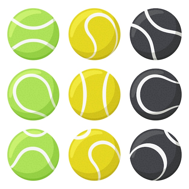 Tennisballen. sport, fitnessapparatuur, zwarte, gele en groene tennisballen in verschillende hoeken ingesteld