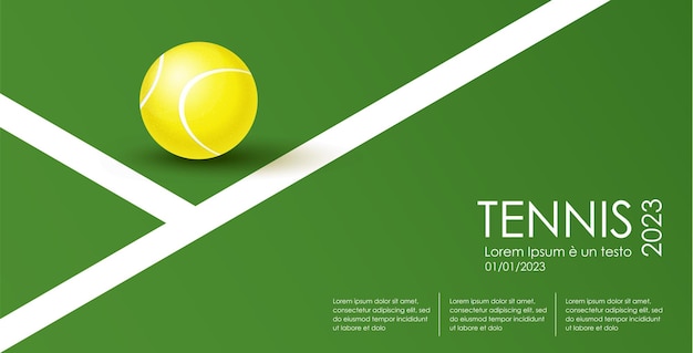 Tenniskampioenschap en toernooiposter Illustratie voor sportcompetitie gazontenniskampioenschap Bal op de lijn Tennisbaan en bal Sportuitrusting Moderne illustratie voor kaartomslag