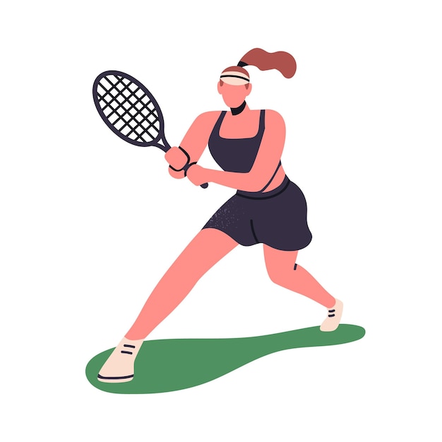 Tennisspeler met racket die courtspel speelt Vrouwelijke atleet in actie met racket in de hand Professionele sportvrouw die buiten traint Platte vectorillustratie geïsoleerd op witte achtergrond