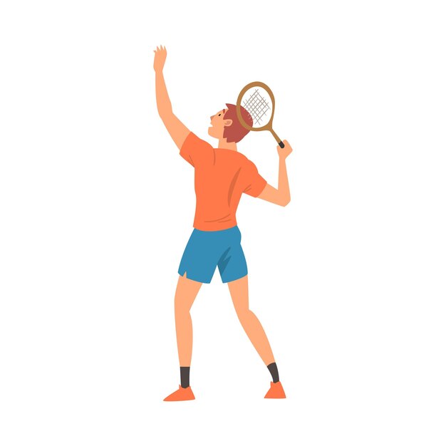 Vector tennisspeler met tennisracket atleet karakter in uniform die deelneemt aan de wedstrijd uitzicht vanaf