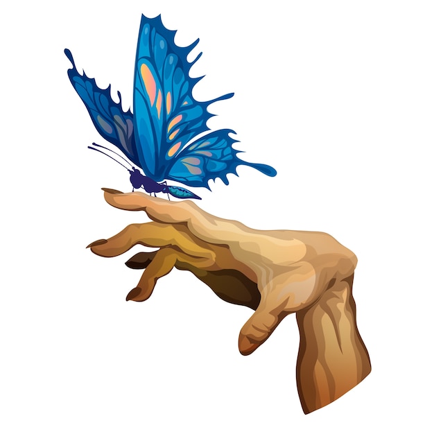 Vector tense curved arm with a big blue butterfly sitting on finger illustration