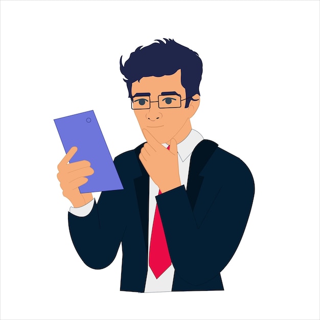 Tensed Young Businessman Watching Smart Phone Businessman Illustration Boy Looking at Phone Vector