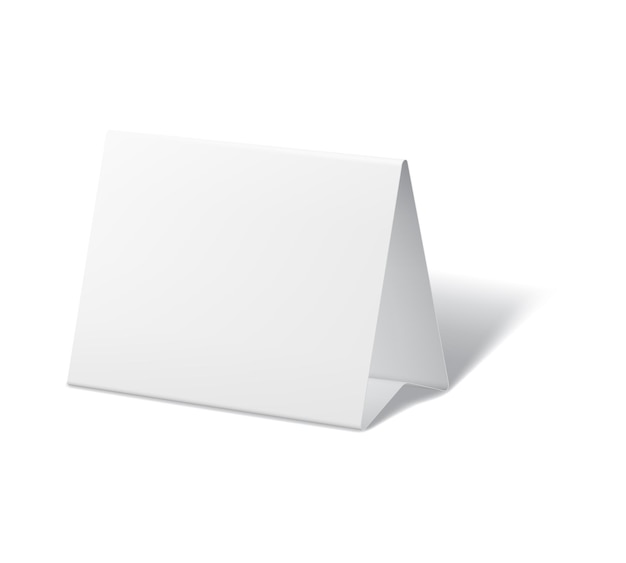 紙またはテーブルの空白の三角形ベクトル白いホルダーのテント カード スタンド レストランのメニューやカレンダー用のモックアップ テーブル スタンド紙テント カード デスク ディスプレイまたはビジネス情報 3 つ折り用モックアップを折ります