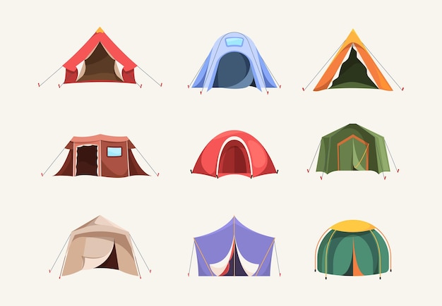 Vector tent colored outdoor house for travellers camping pyramid shelter adventures symbols backpack garish vector flat illustrations