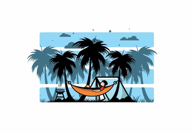 Tent and hammock with coconut trees illustration