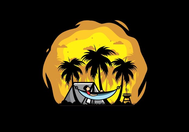 Tent and hammock with coconut trees illustration