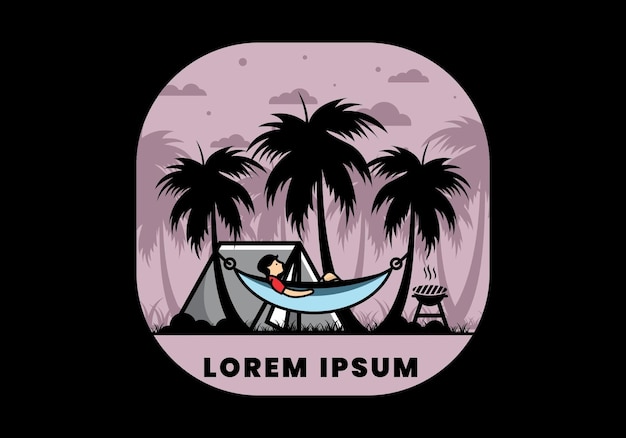 Tent and hammock with coconut trees illustration