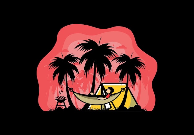 Tent and hammock with coconut trees illustration