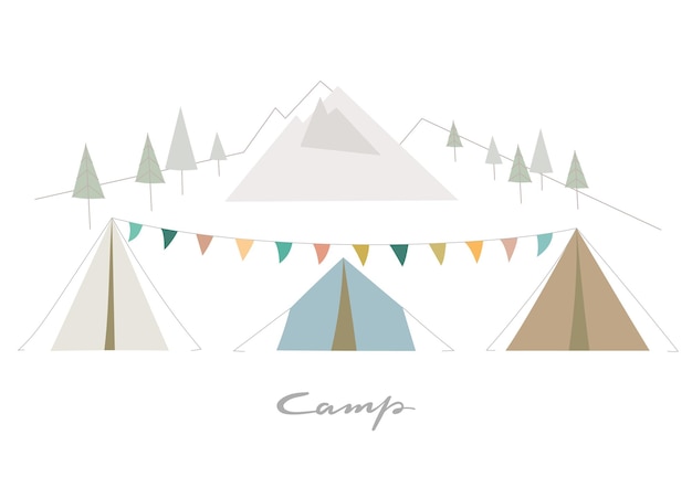 Tent kamp banner Vector eenvoudige illustratie met berg bos achtergrond