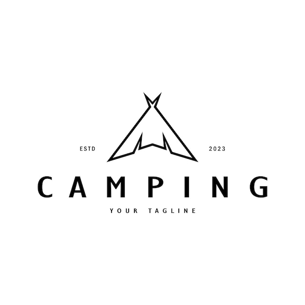 テントのロゴ キャンプ テントの木と焚き火のサイン 冒険家 スカウト 登山家 キャンプ用品センター