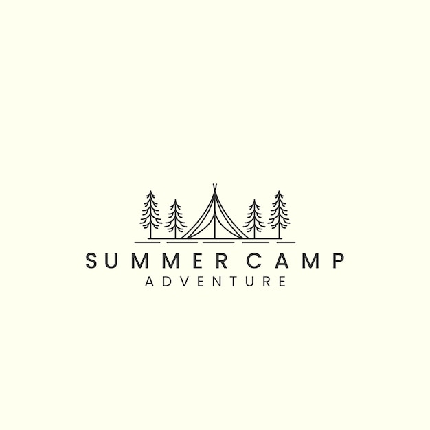 Tent logo with linear vector illustration summer camp tree icon template design