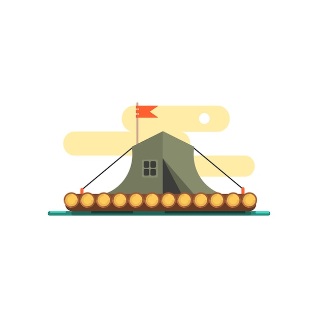 Tent On The Raft On Water Primitive Style Graphic Colorful Flat Vector Image On White Background