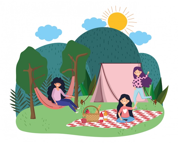 Tent and women cartoon