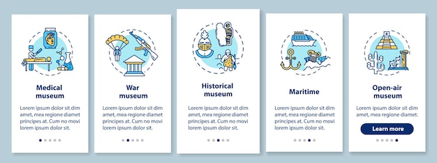 Tentoonstelling en museum onboarding mobiele app paginascherm met lineaire concepten. Openlucht expositie. Vijf walkthrough stappen grafische instructies. UX, UI, GUI vectorsjabloon met illustraties