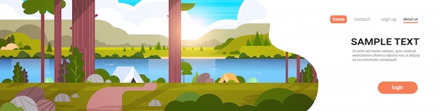 Vector tents camping area in forest summer camp concept sunny day sunrise landscape nature with water mountains and hills