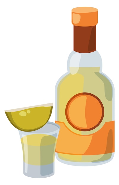 Vector tequila bottle icon cartoon shot glass with lime slice