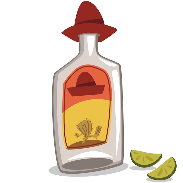Vettore bottiglia di tequila in un sombrero e due pezzi di lime