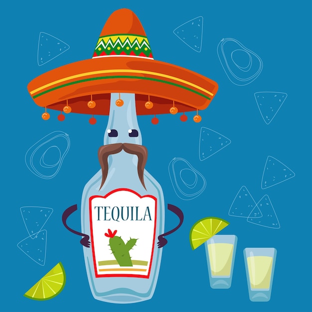 Tequila bottle with sombrero hat and mustache decorated background mexican traditional alcohol